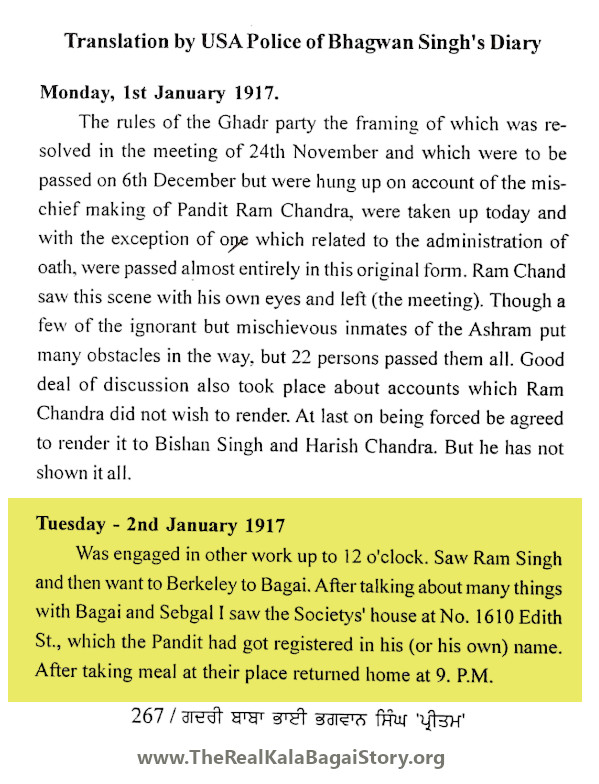 Bhagwan Singh Gyanee Diary Entry Referencing 1610 Edith St Berkeley
